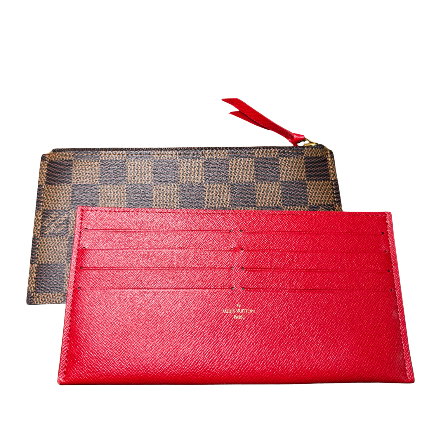 Red wallet and checkered pouch with visible brand logo on a white background