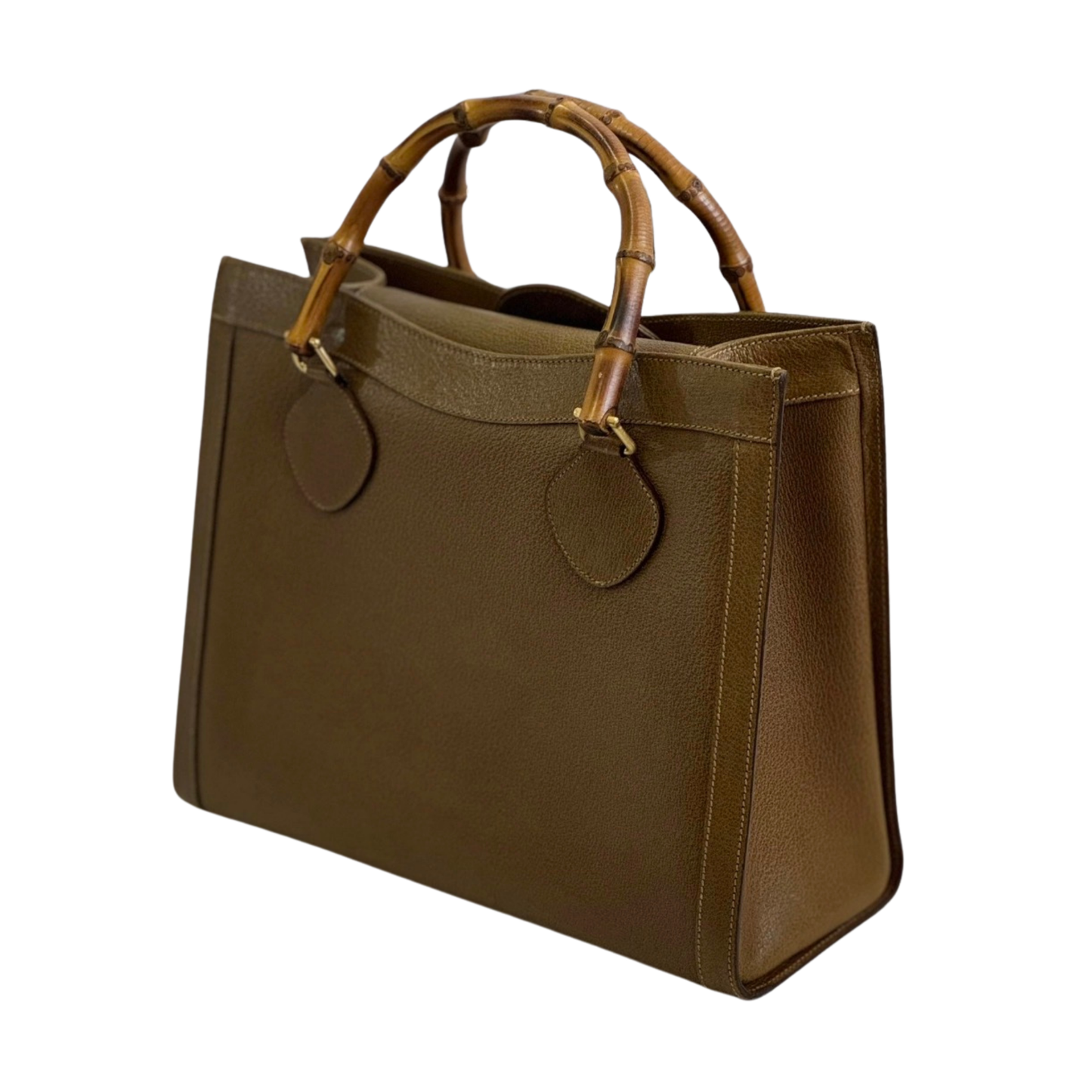 Khaki green or brown handbag with bamboo handles 