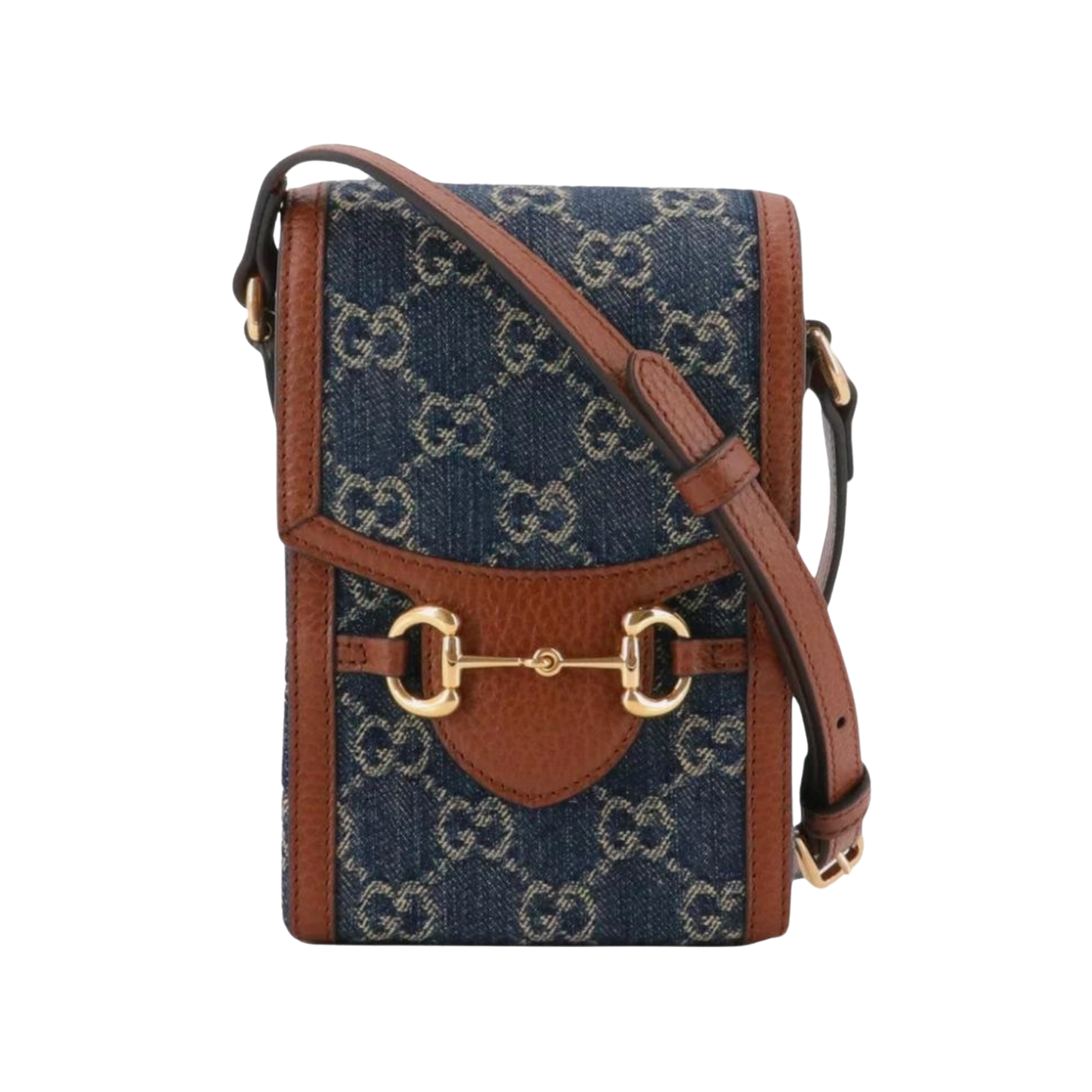 Gucci Horsebit vertical 1955 Designer handbag with denim pattern and brown leather accents 