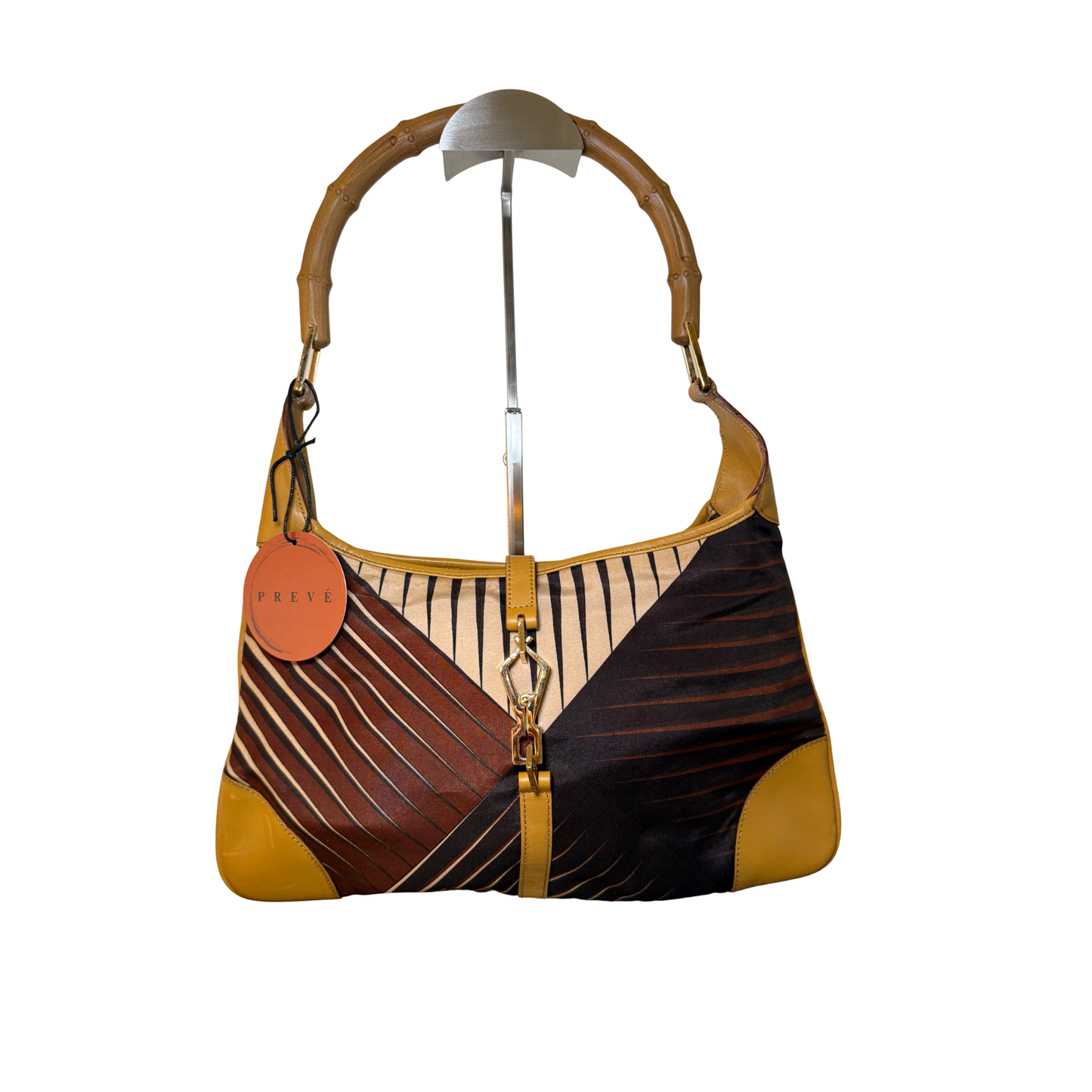 Vintage Gucci Silk Jackie in geometric pattern with bamboo handle