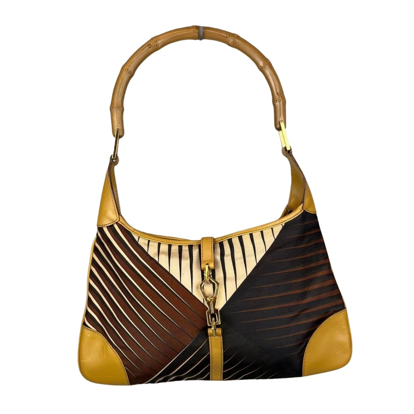 Gucci Jackie Handbag with striped geometric pattern and wooden bamboo handle 