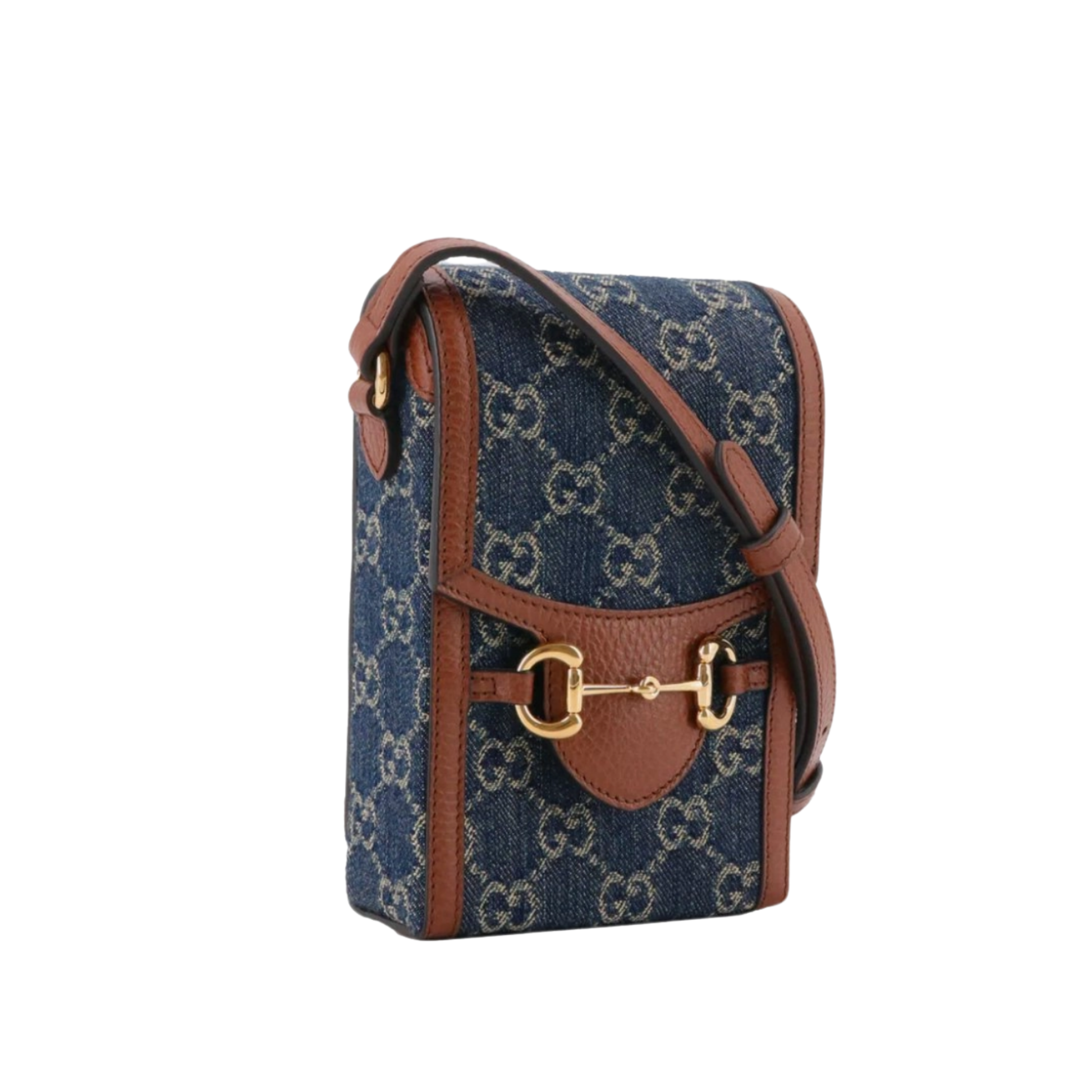 Gucci Designer handbag with denim blue  pattern and brown leather accents 