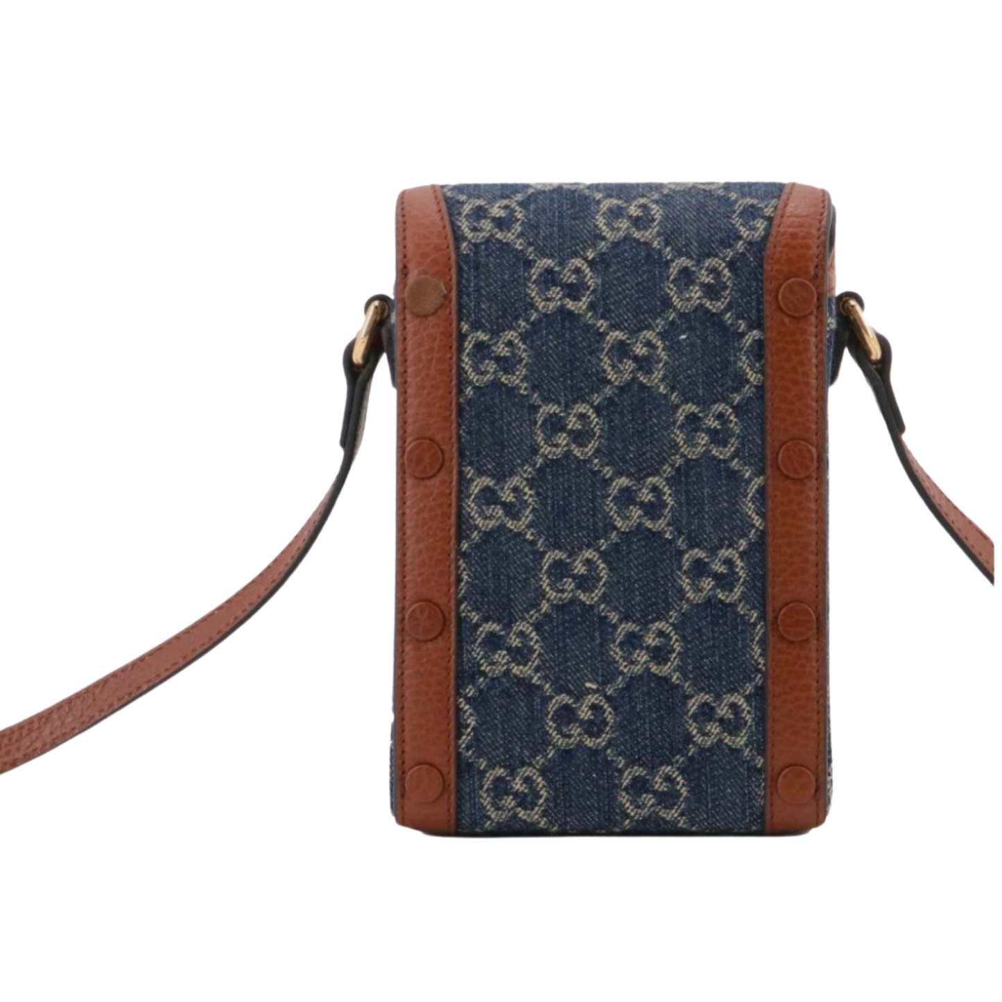 Back view of Gucci crossbody bag with brown leather accents 