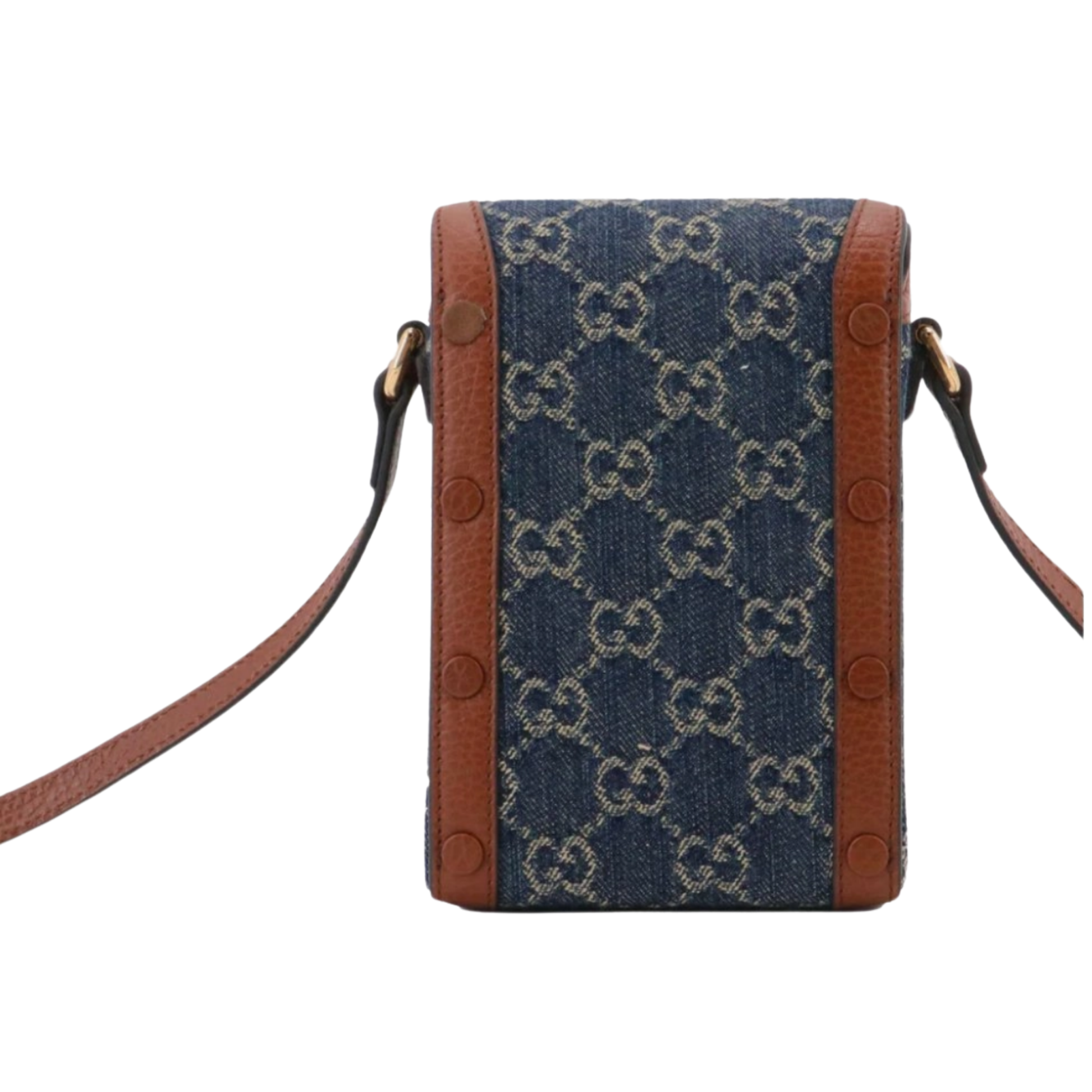 Back view of Gucci crossbody bag with brown leather accents 
