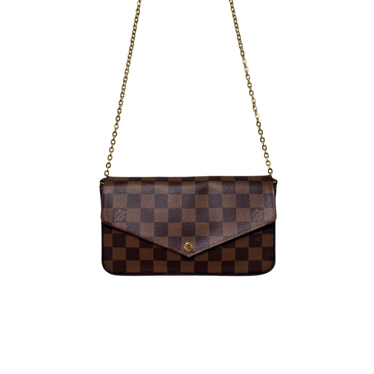 Brown checkered monogram handbag with gold chain.