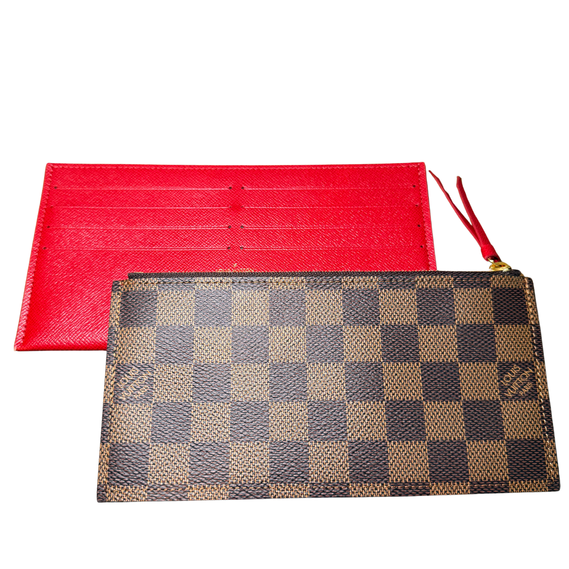 Red pouch and brown checkered pouch included in Louis Vuitton Pochette Félicie