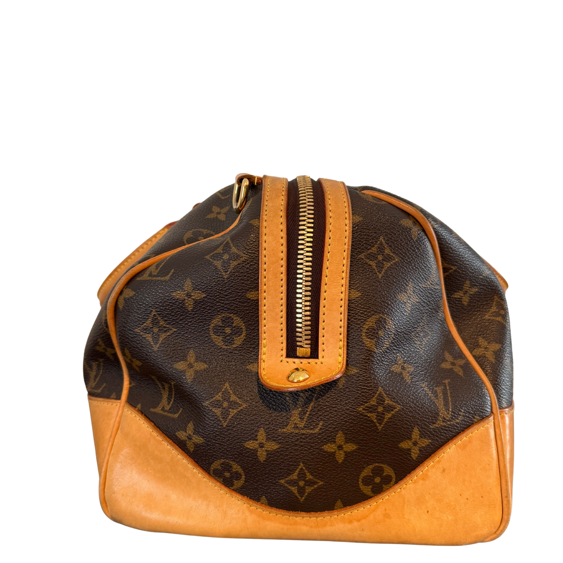 Side view of Louis Vuitton Stephen Boston with monogram design