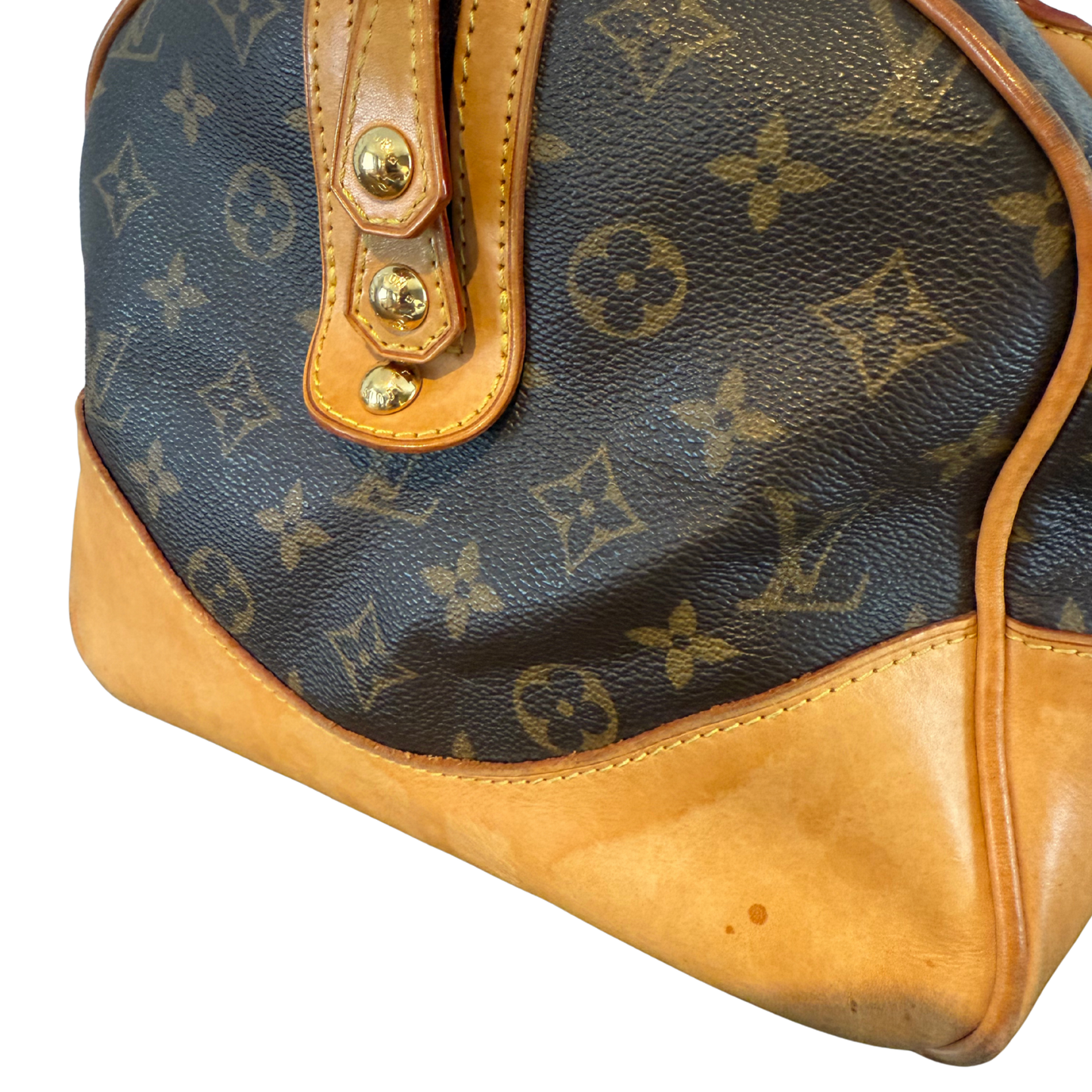 Designer handbag with monogram pattern and brown leather accents.