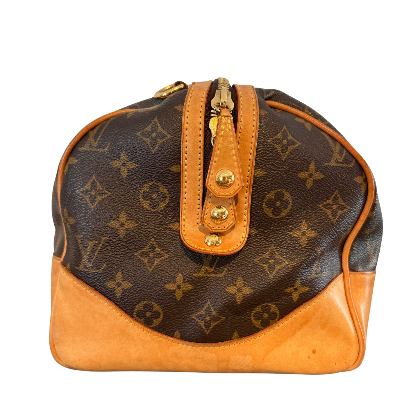 Pre- loved Louis Vuitton duffle side view with zip details and logo