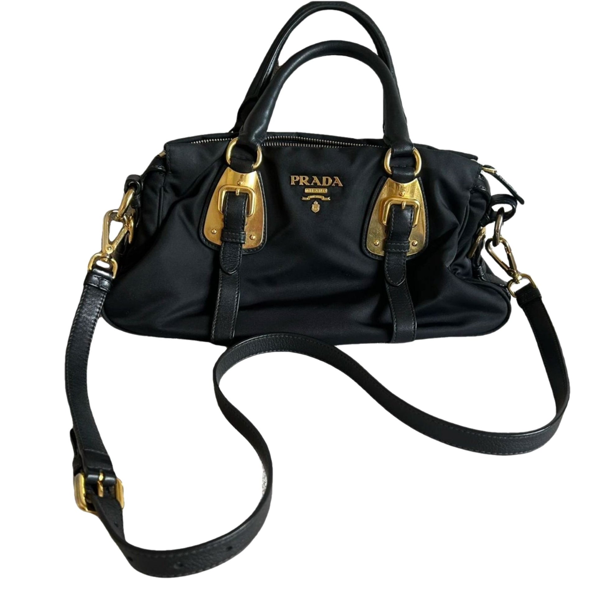 Front view of Black Prada handbag with gold hardware  