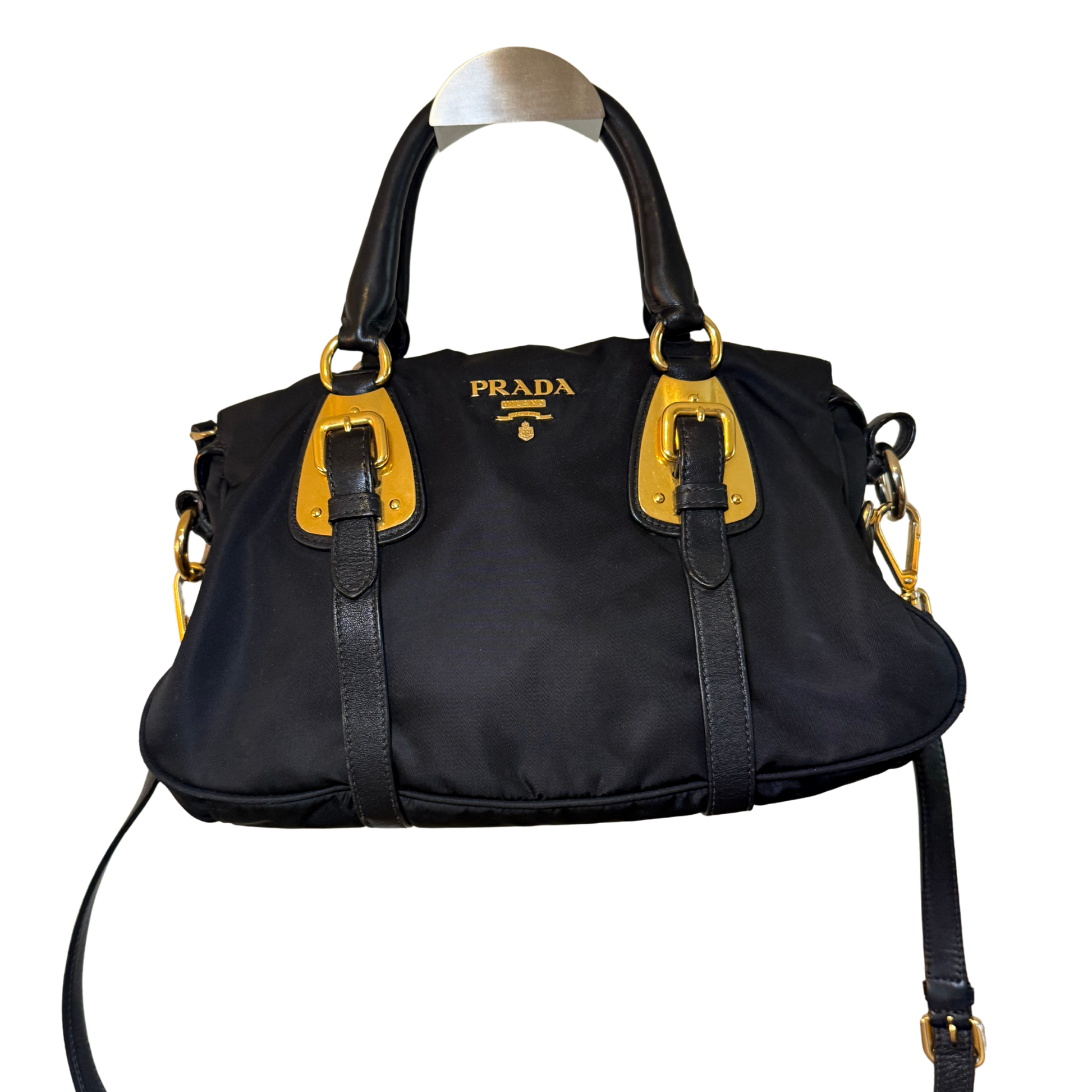 Black Prada handbag with gold accents 