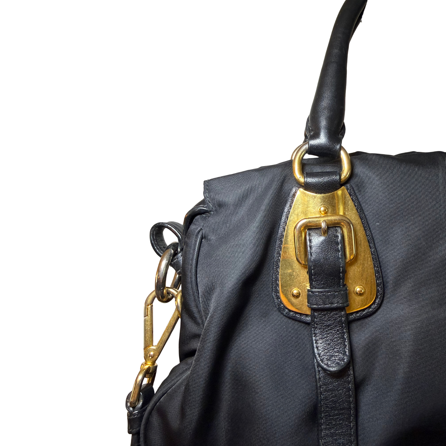 close up Prada Black handbag with gold hardware buckles details