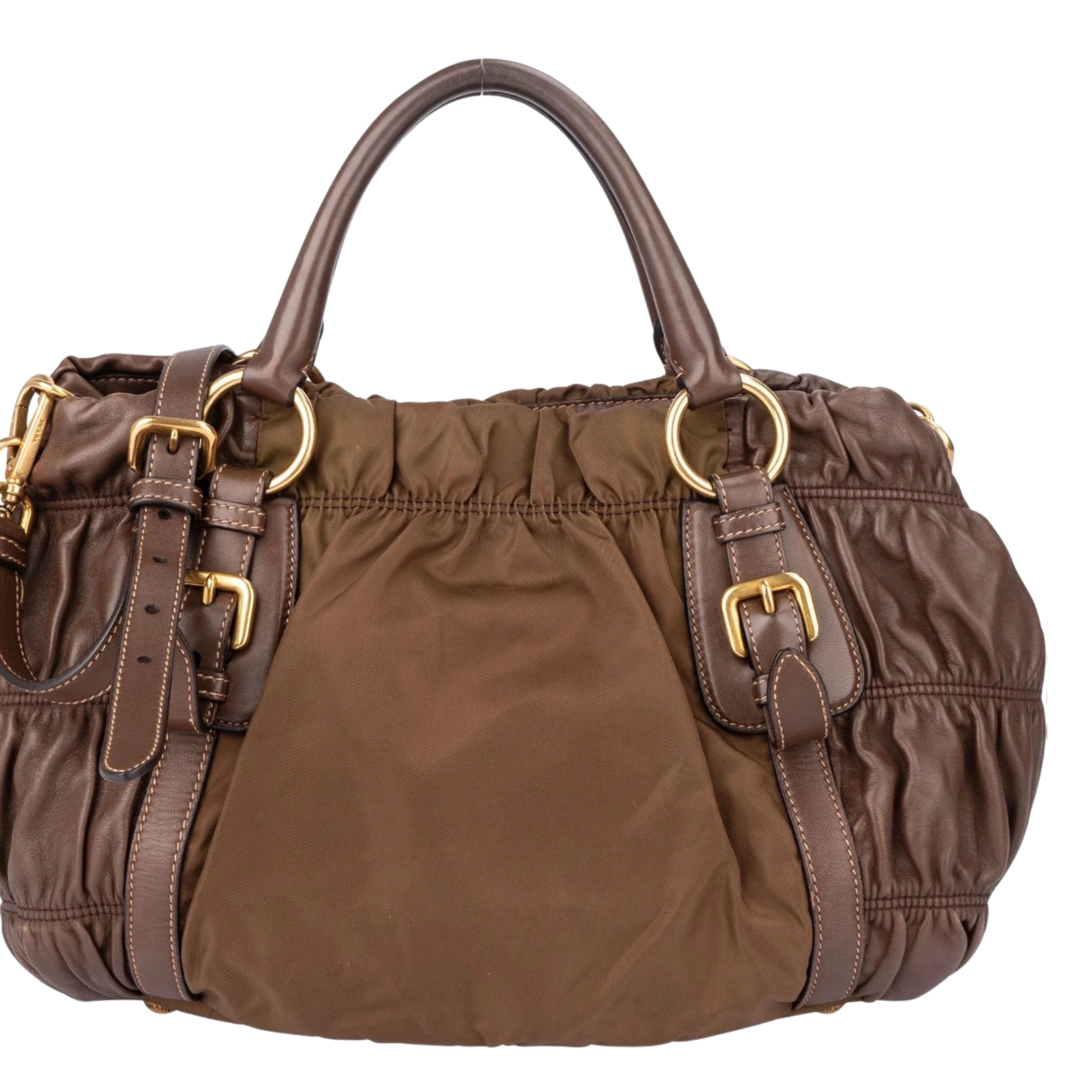 Brown Prada handbag with gold buckles and leather details